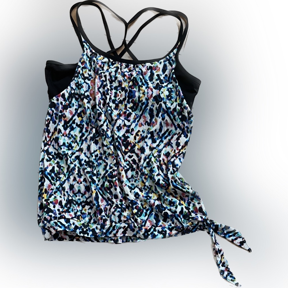 Athleta Multi-Colored Tankini Top with black shelf bra. Size M